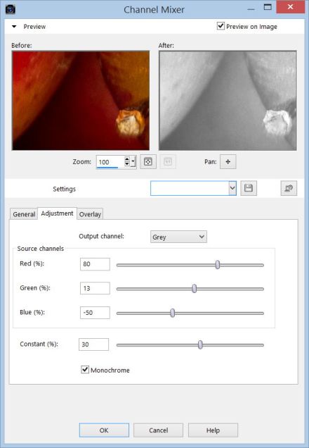 Corel PaintShop X7 dialogove okno Channel Mixer
