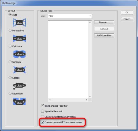 Adobe Photoshop CC 2015 photomerge content aware panorama výplň podle obsahu